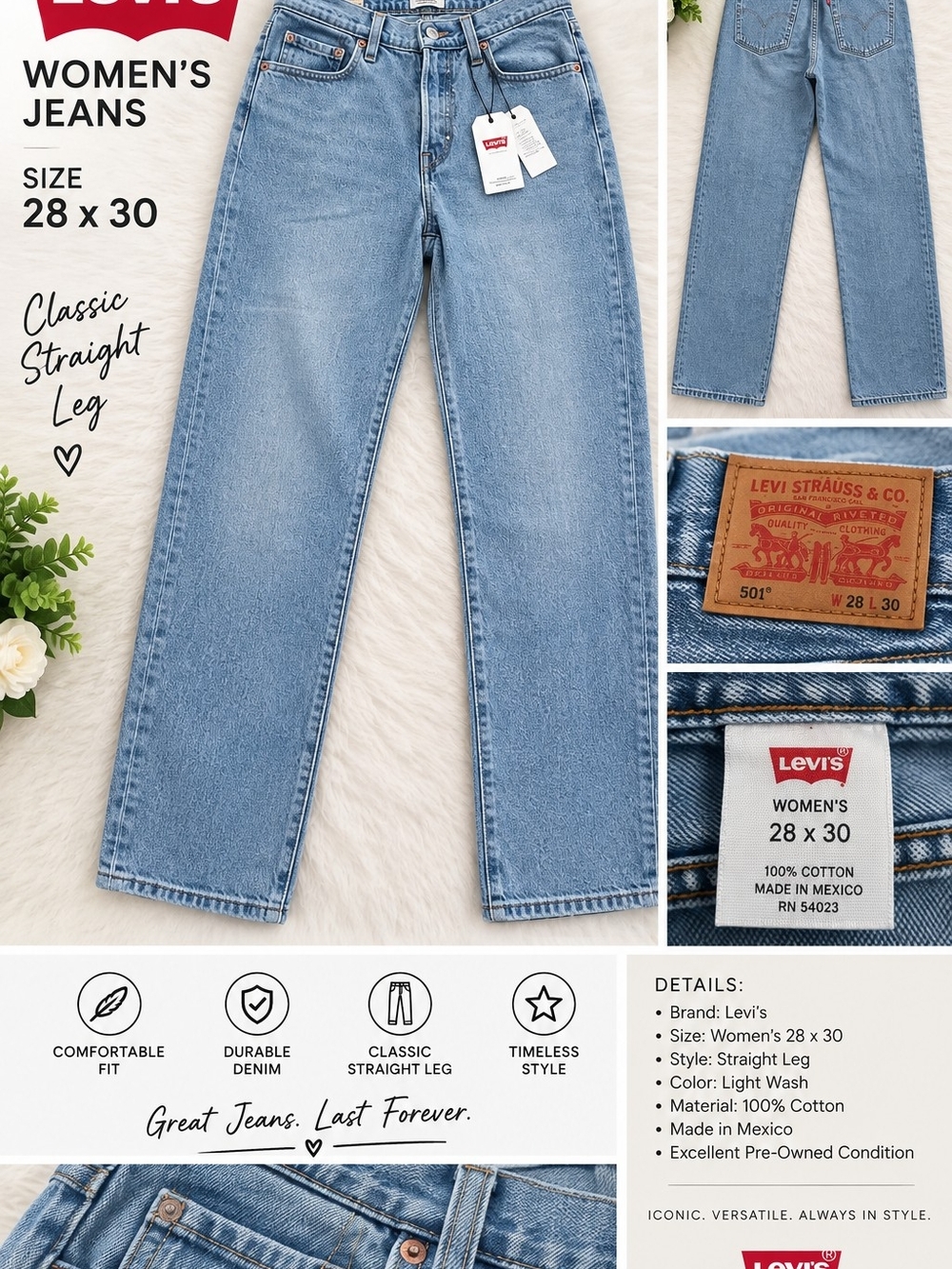 Levi's 501 Original Fit Straight Leg Jeans Blue Waist 28 X 32 NWT